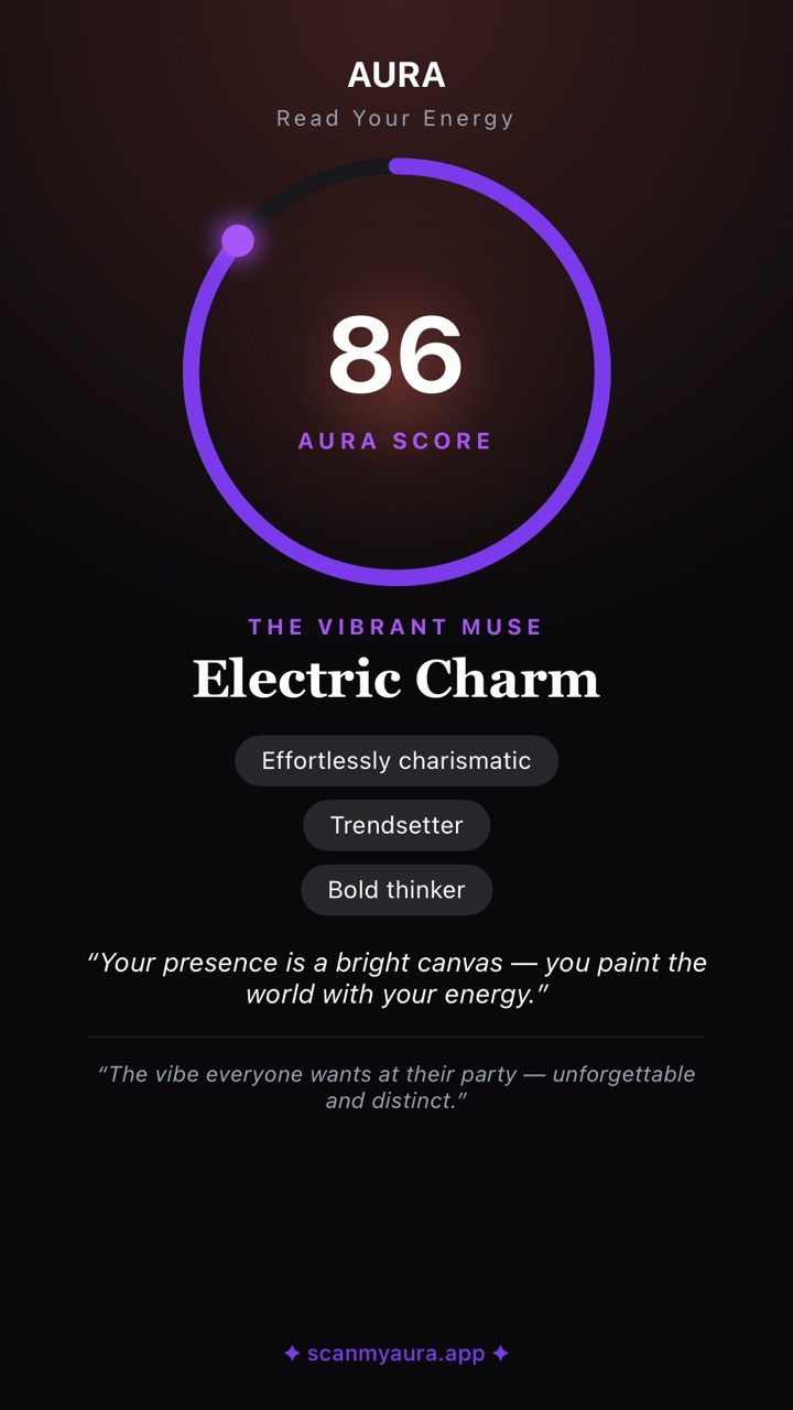 AURA vertical share card showing an aura score of 86, The Vibrant Muse, Electric Charm and three traits