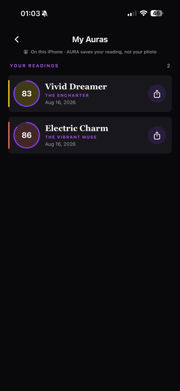 My Auras history list showing saved readings Vivid Dreamer 83 and Electric Charm 86