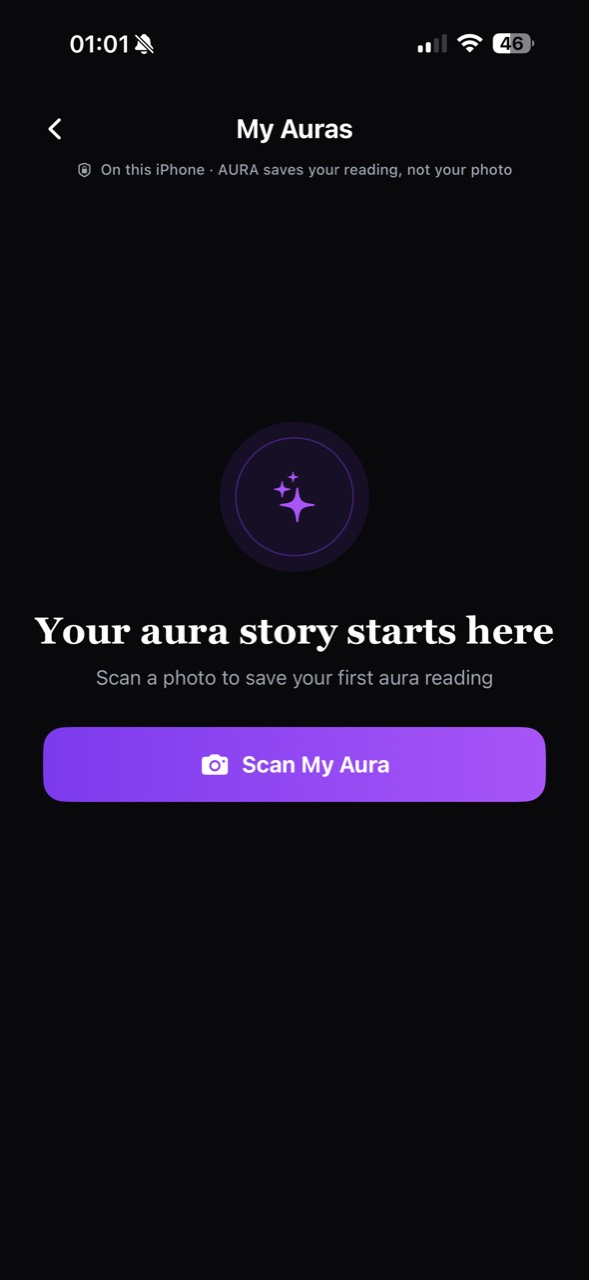 My Auras empty state reading Your aura story starts here with a Scan My Aura button