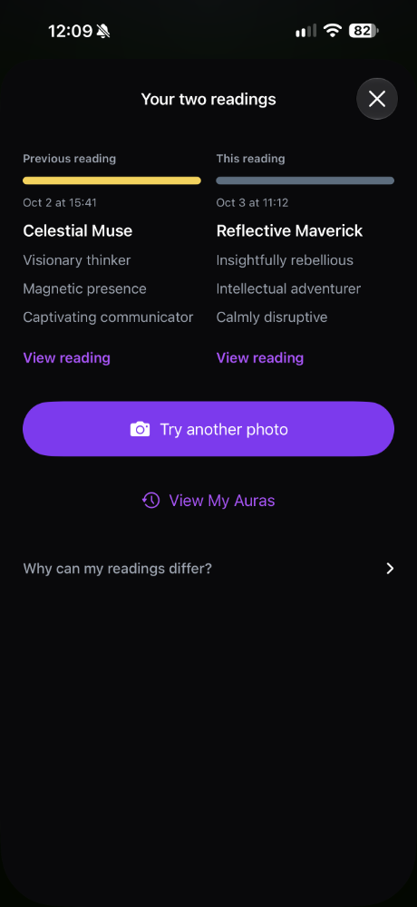 AURA comparison sheet showing a previous saved reading beside the newly saved reading